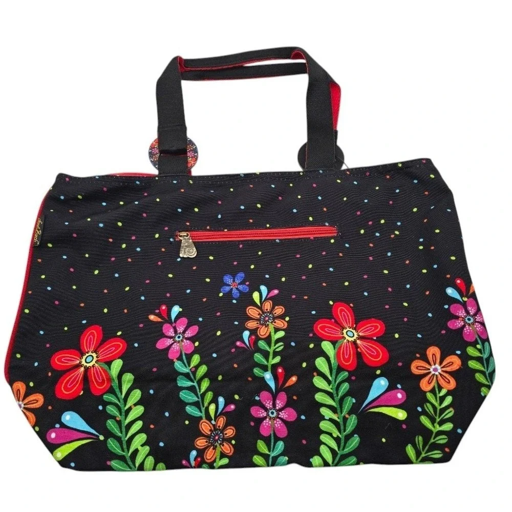 Laurel Burch Large Tote Bag 21x15x6.5 Cat Floral Canvas Black Multi Zip Pocket